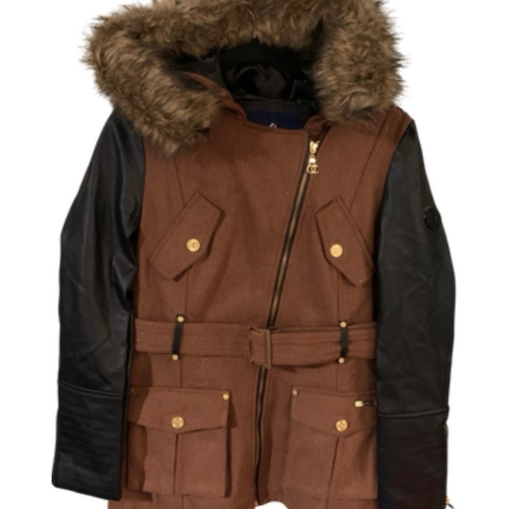 Rocawear Puffer Jacket Brown and Black with Faux Fur Hood
